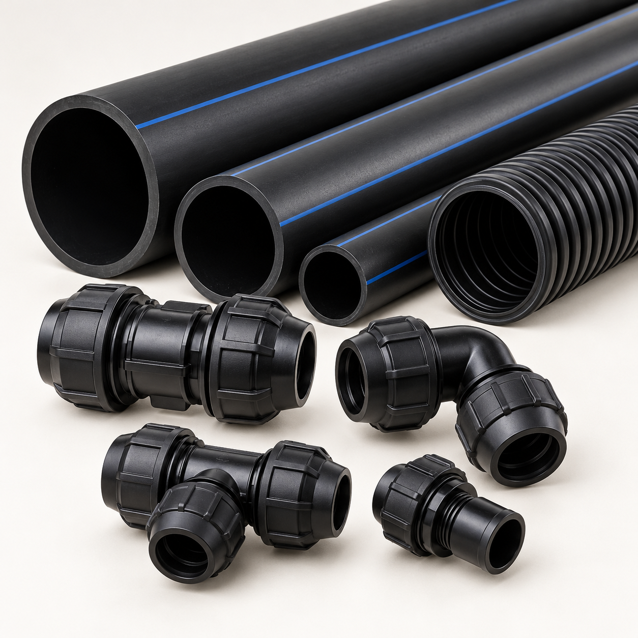 Ống HDPE đen và phụ kiện minh họa