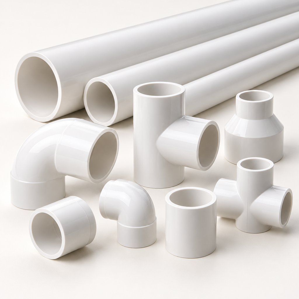 Ống PVC trắng và phụ kiện minh họa